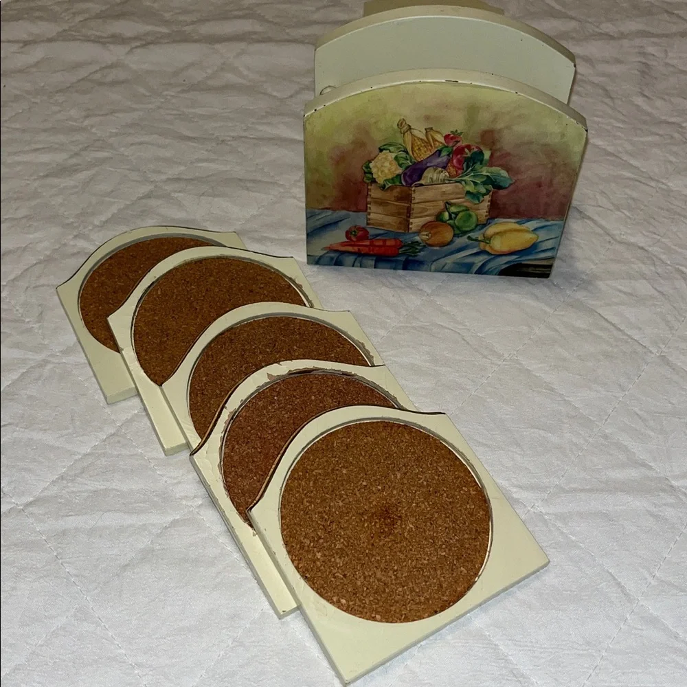 Vintage Decorative Painting Wooden Napkin Holder And Coaster Holder Set